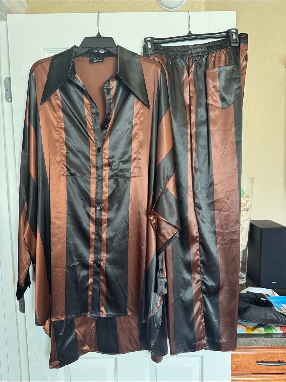 Dressed in LALA Satin Two-Piece Pantsuit in Black and Brown